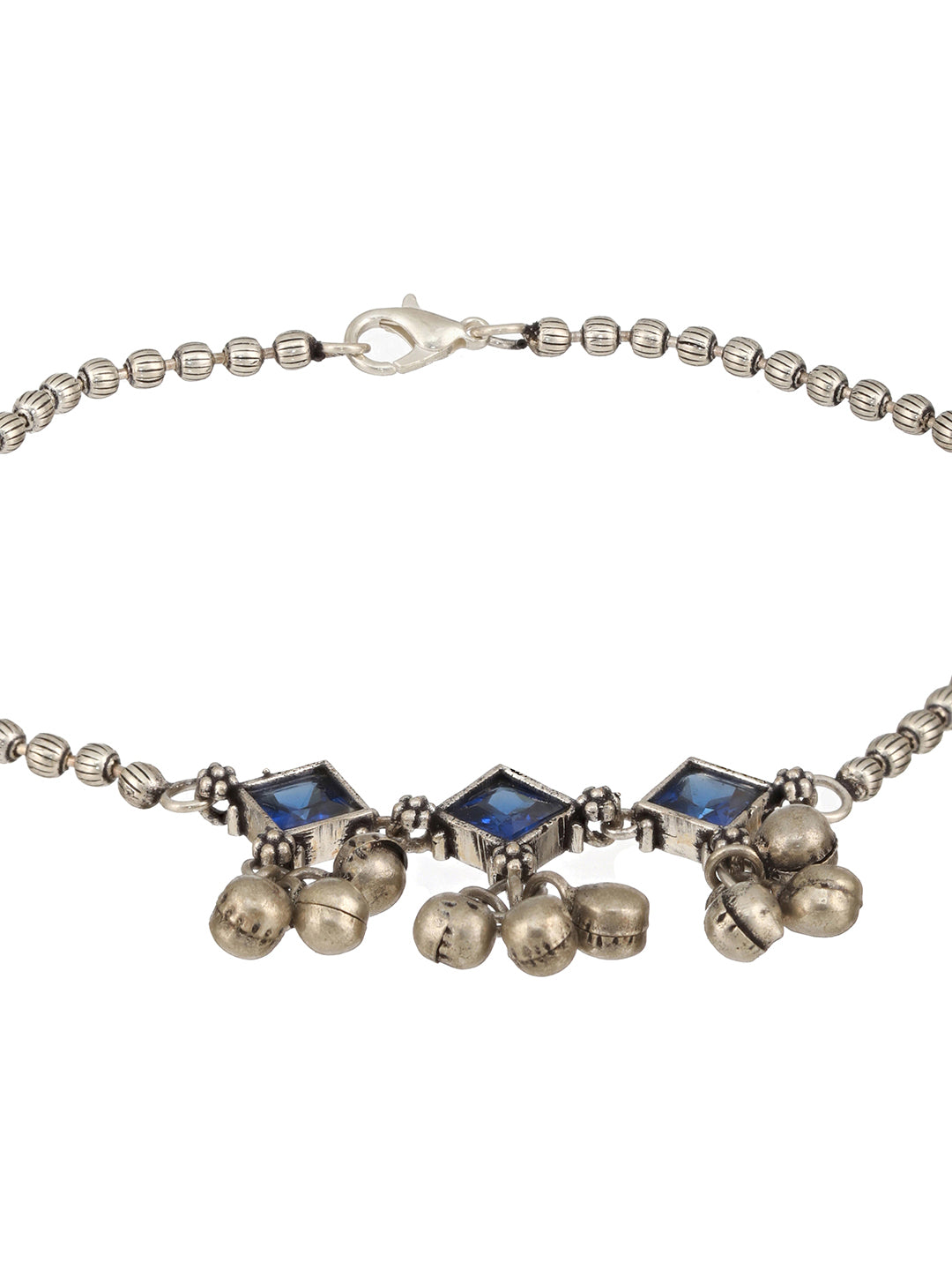 Set Of 2 Oxidised Silver Plated Blue Stone Payal Anklet