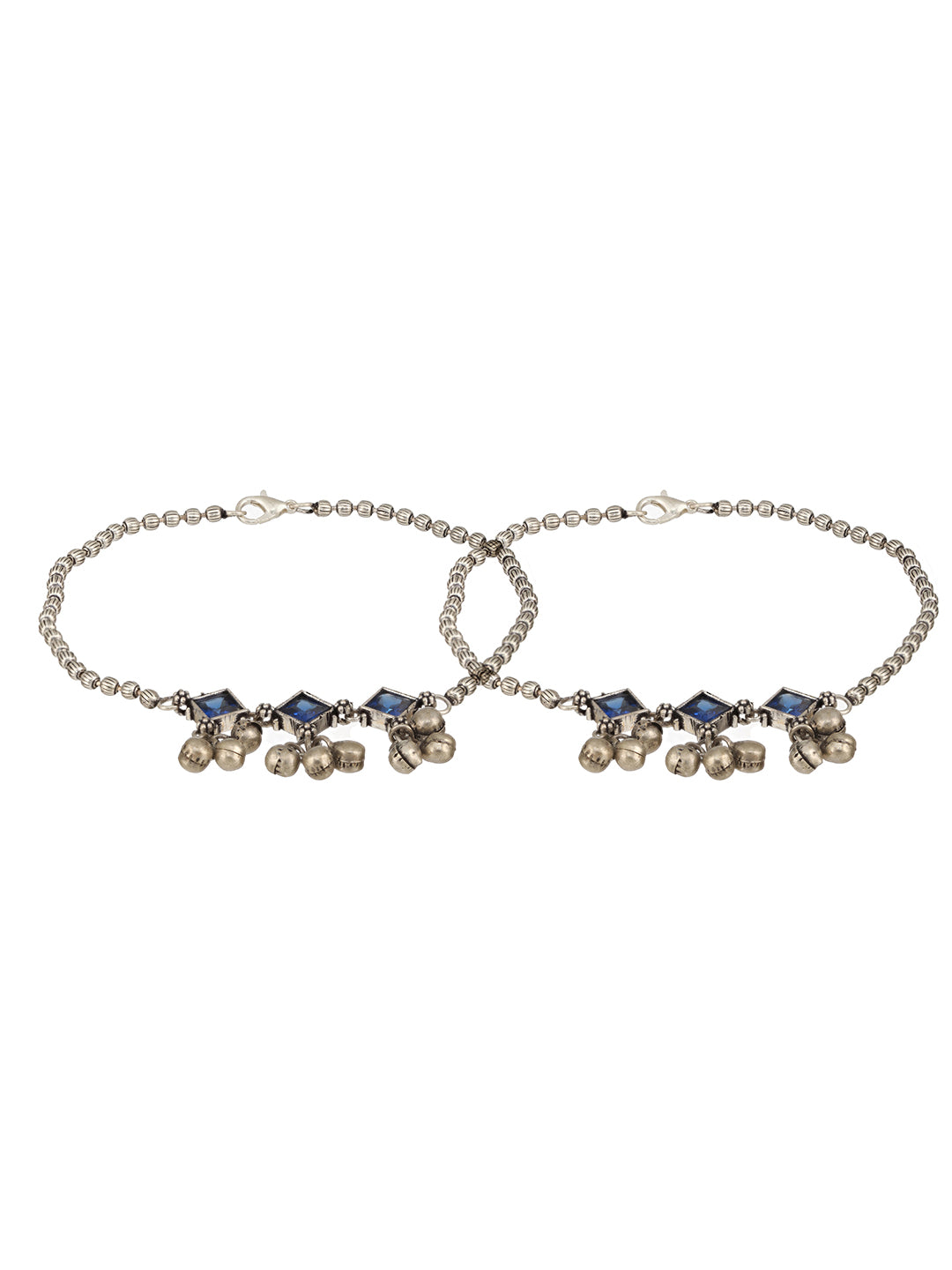 Set Of 2 Oxidised Silver Plated Blue Stone Payal Anklet