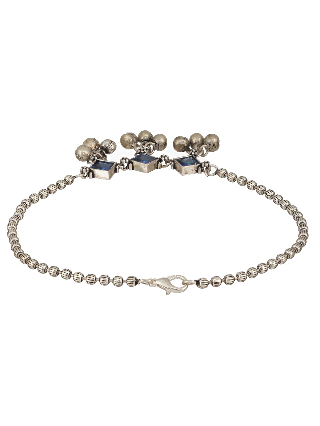 Set Of 2 Oxidised Silver Plated Blue Stone Payal Anklet