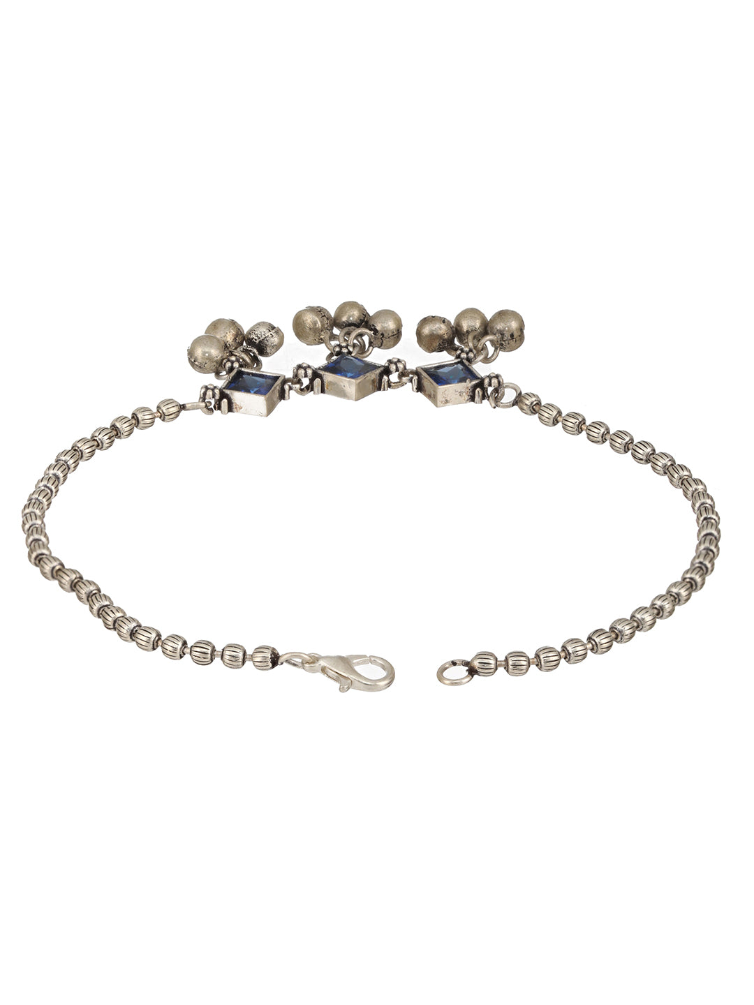 Set Of 2 Oxidised Silver Plated Blue Stone Payal Anklet