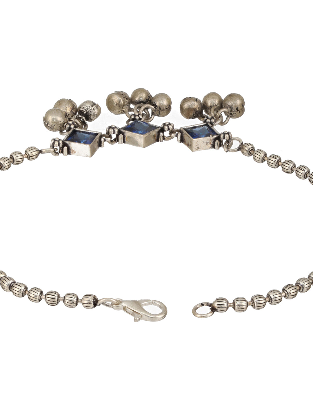 Set Of 2 Oxidised Silver Plated Blue Stone Payal Anklet