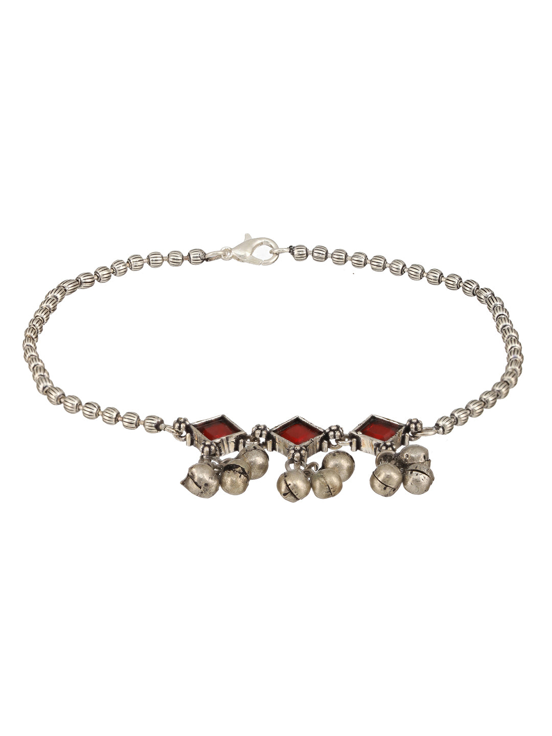 Set Of 2 Oxidised Silver Plated Red Stone Payal Anklet