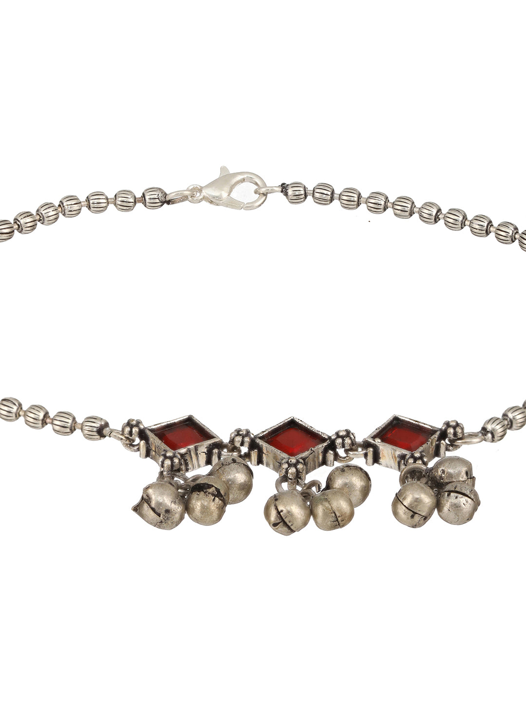 Set Of 2 Oxidised Silver Plated Red Stone Payal Anklet