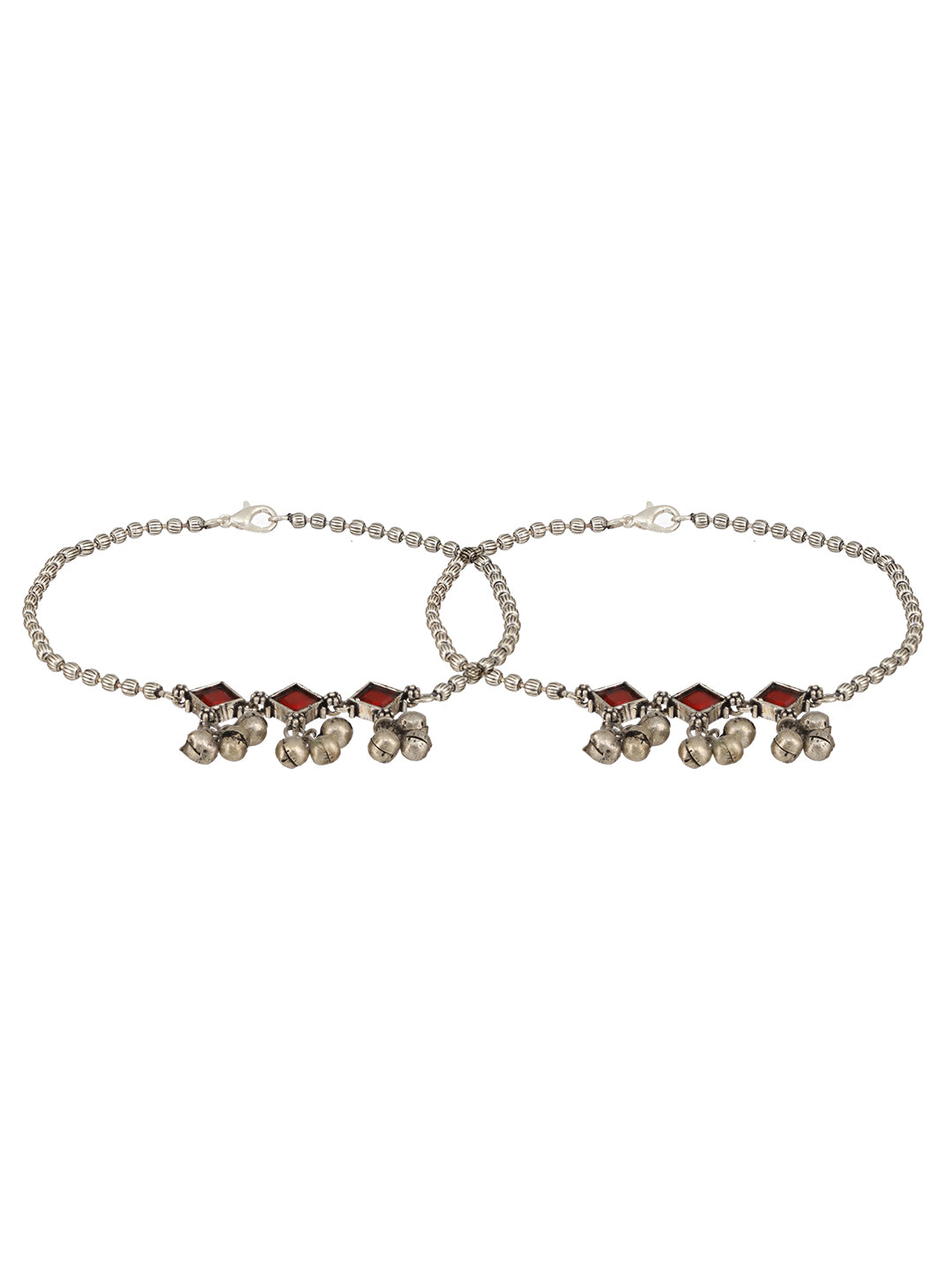 Set Of 2 Oxidised Silver Plated Red Stone Payal Anklet