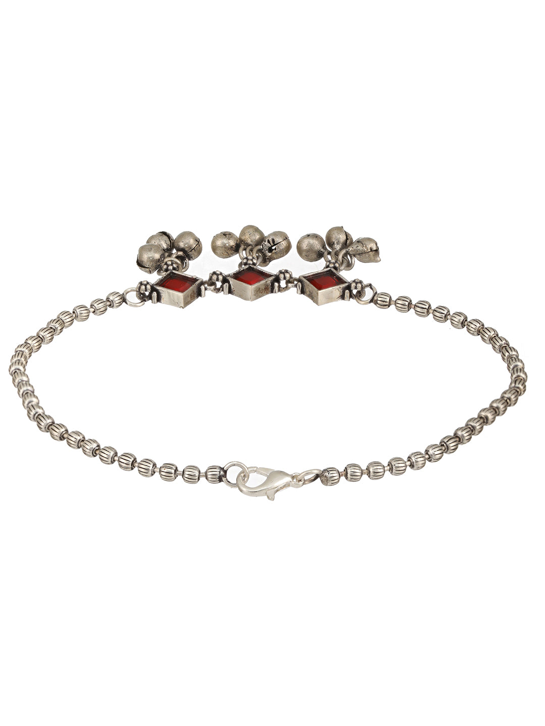 Set Of 2 Oxidised Silver Plated Red Stone Payal Anklet