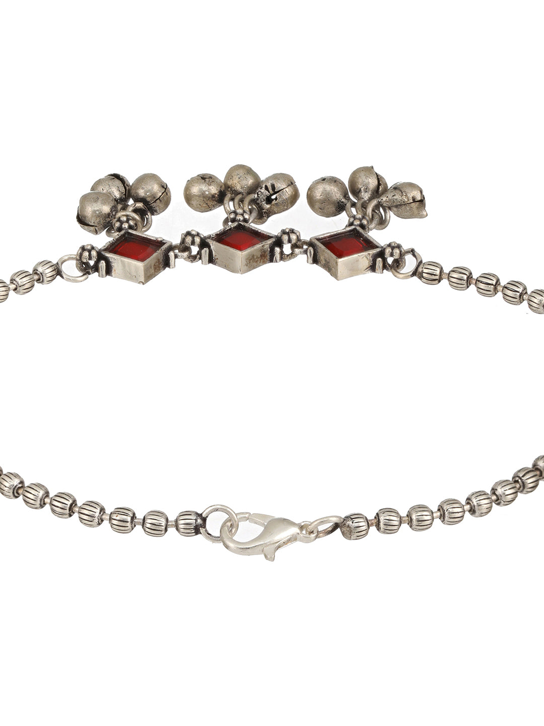 Set Of 2 Oxidised Silver Plated Red Stone Payal Anklet