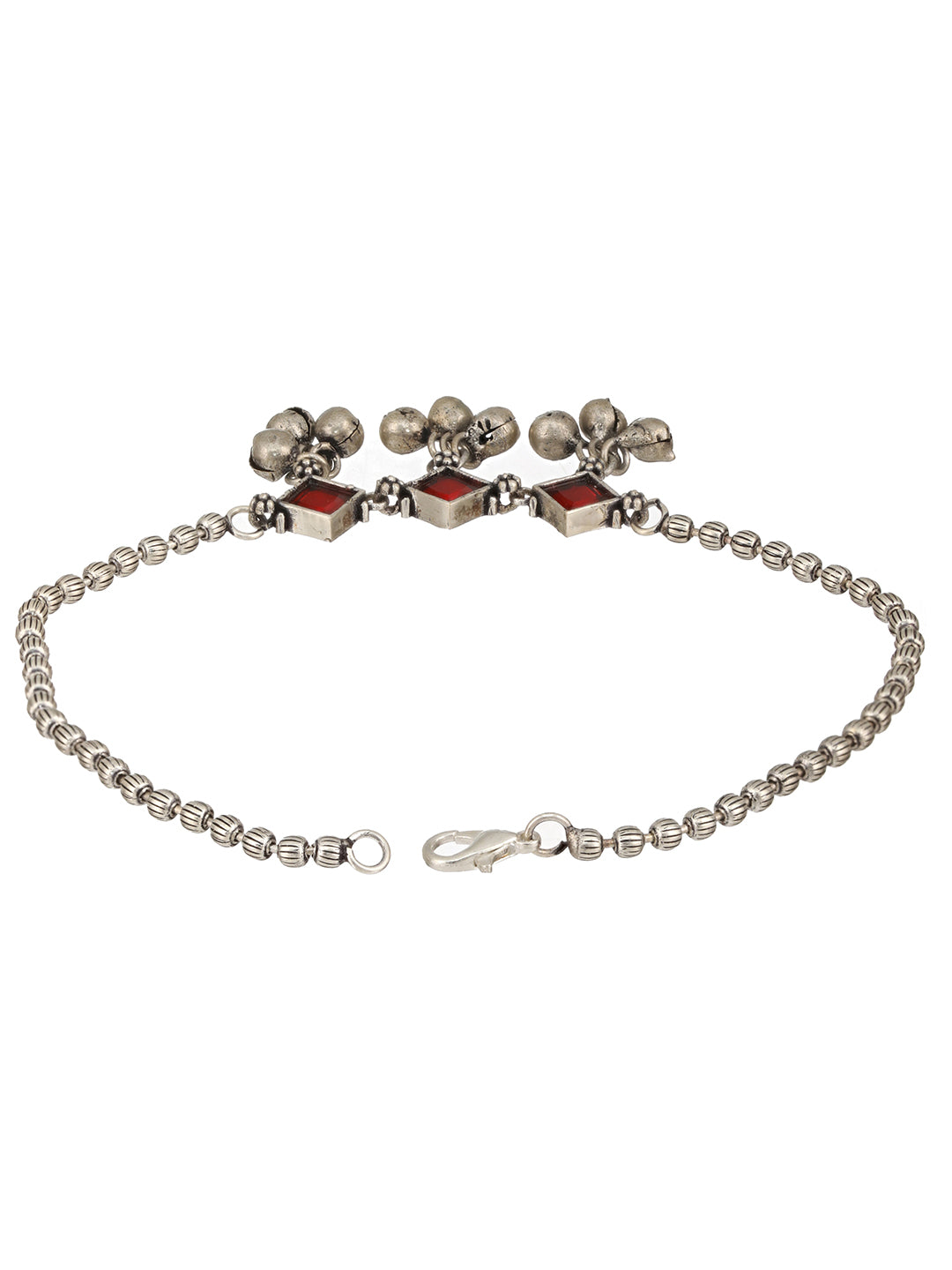 Set Of 2 Oxidised Silver Plated Red Stone Payal Anklet