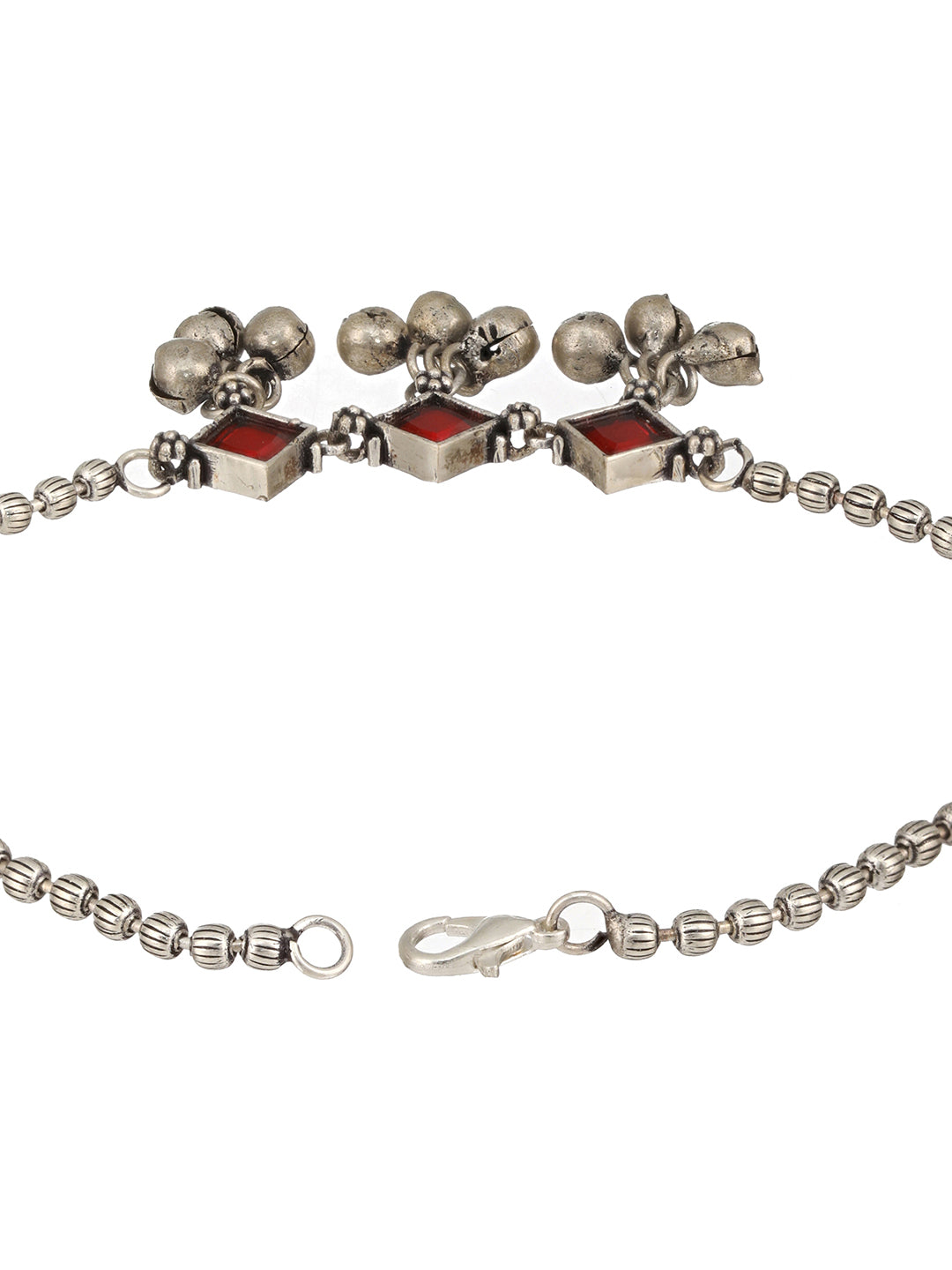 Set Of 2 Oxidised Silver Plated Red Stone Payal Anklet