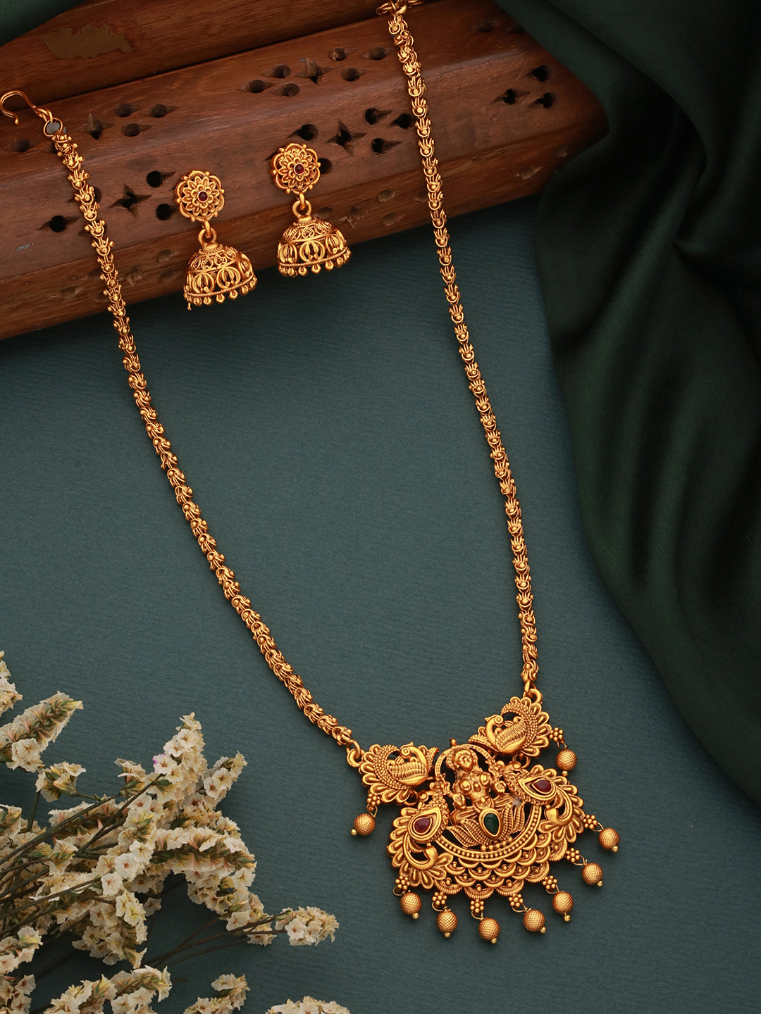 Antique Gold Polish Temple  Lakshmiji Long Haram Mala Jewellery  Set