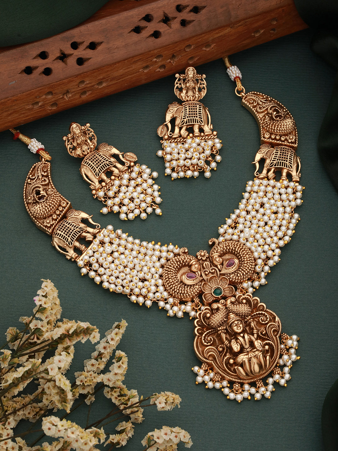 Gold Toned Pearl Cluster Elephant Statement Choker Jewellery Set