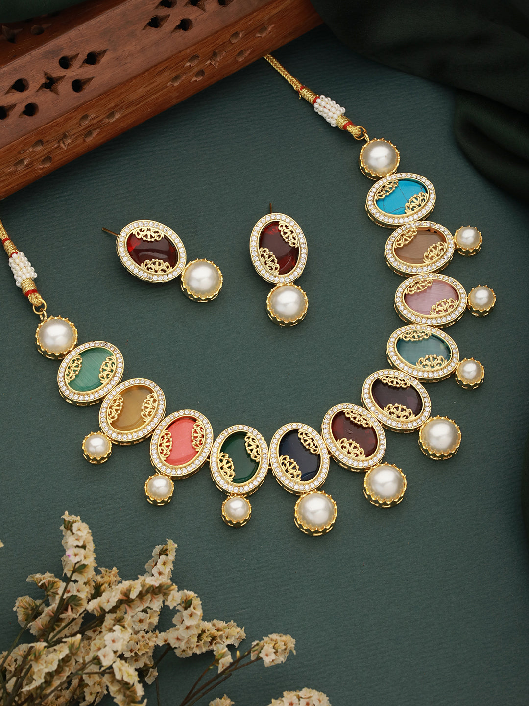 Gold Plated Nav Ratan Kundan & Pearl Beaded Statement  Choker Jewellery Set