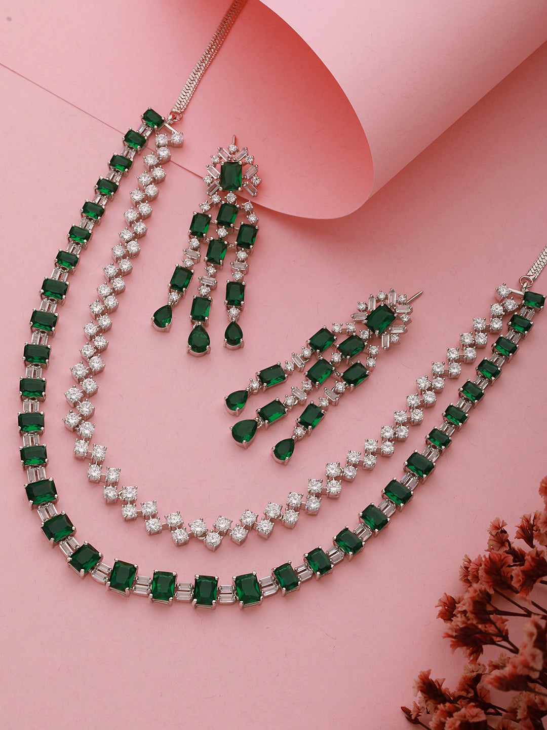 Silver Plated Emerald Green Double Lined Luxe Statement Bridal Jewellery Set