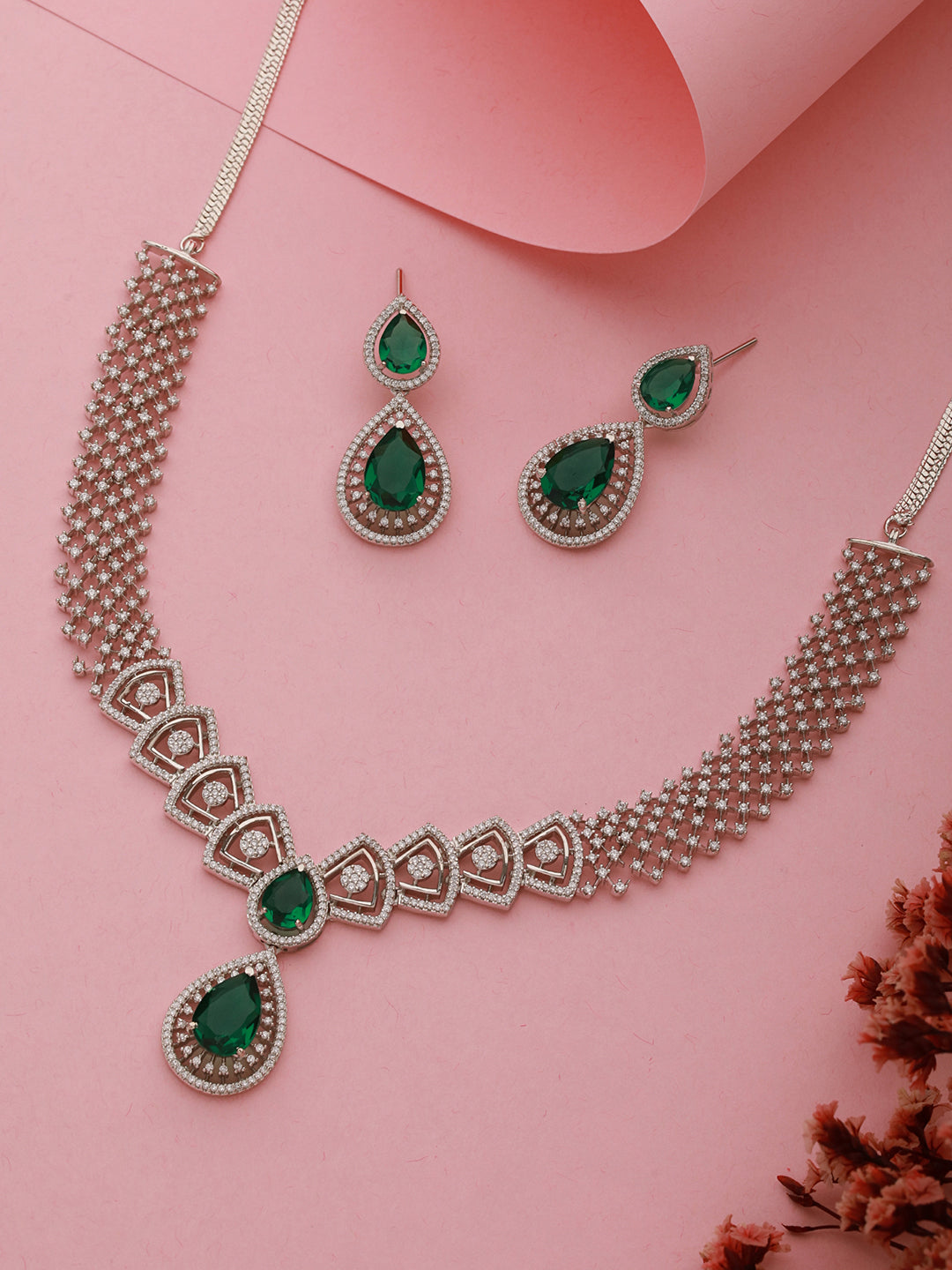 Silver Toned Green AD Studded Geometric Statement  Necklace Jewellery Set