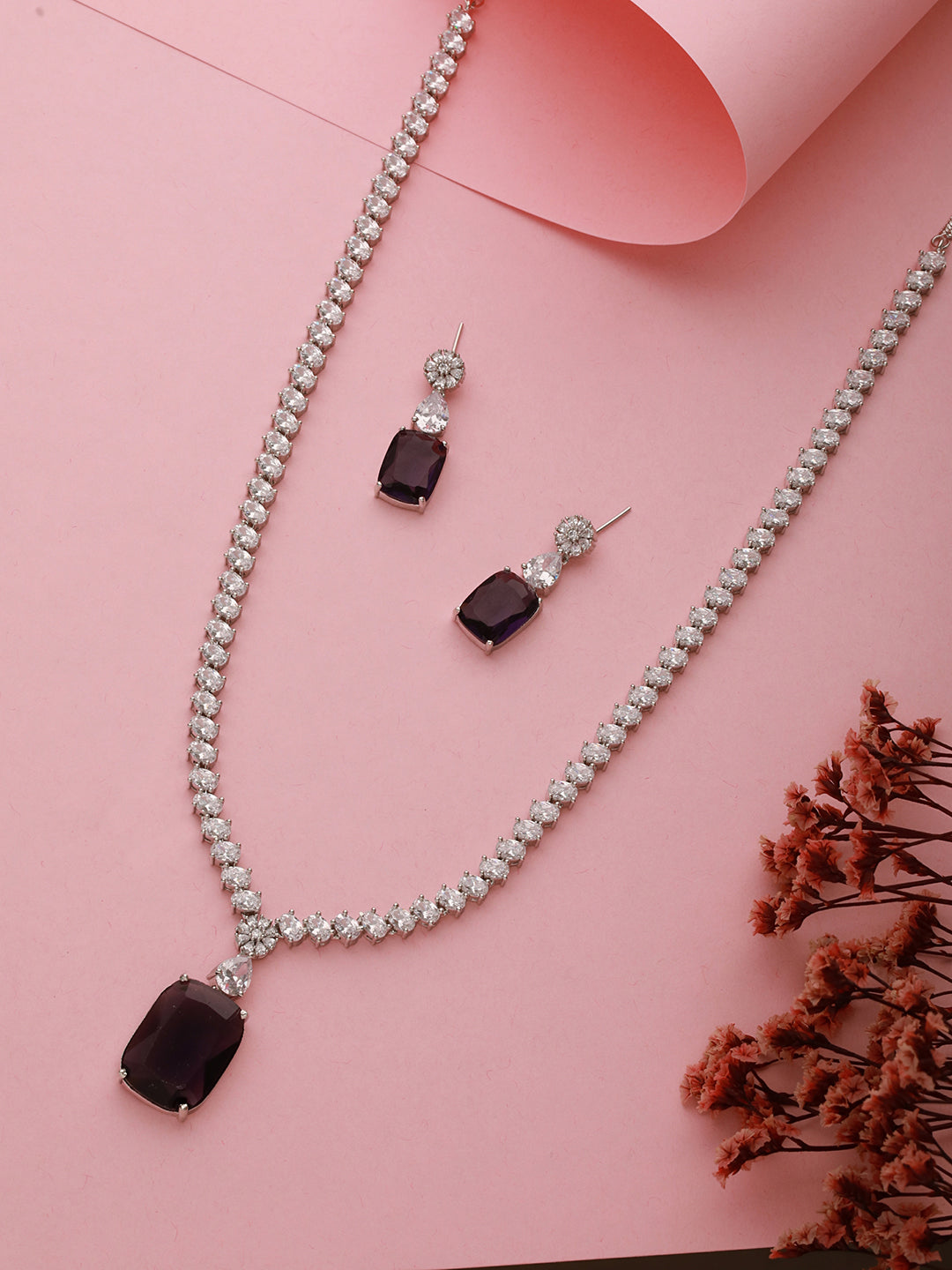 Silver Plated Amethyst Purple AD Long Single Line Statement Pendant Jewellery Set