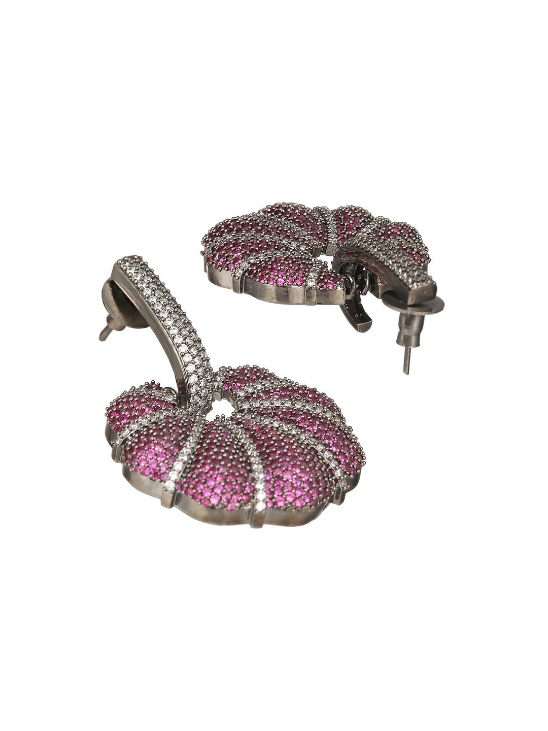 Silver Toned Red AD Studded Designer Luxe Floral Chandelier Hoop Earrings