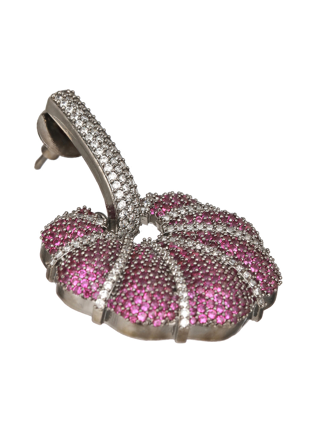 Silver Toned Red AD Studded Designer Luxe Floral Chandelier Hoop Earrings