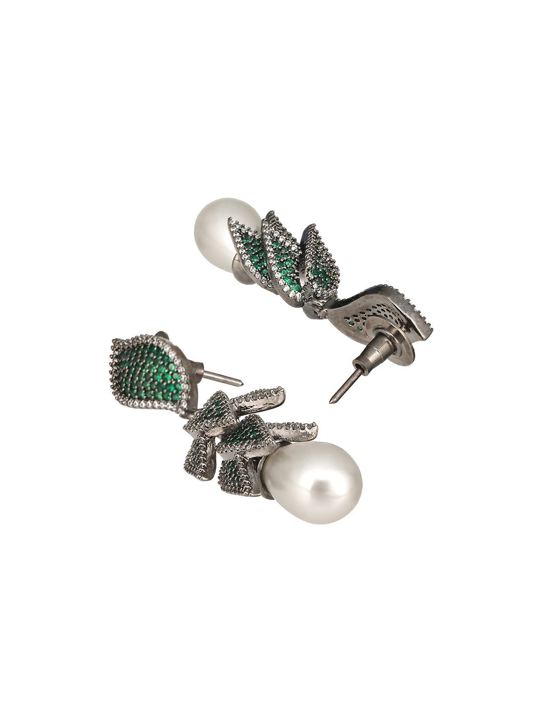 Silver Toned Green AD & Pearl Beaded Luxe Designer Drop Earring