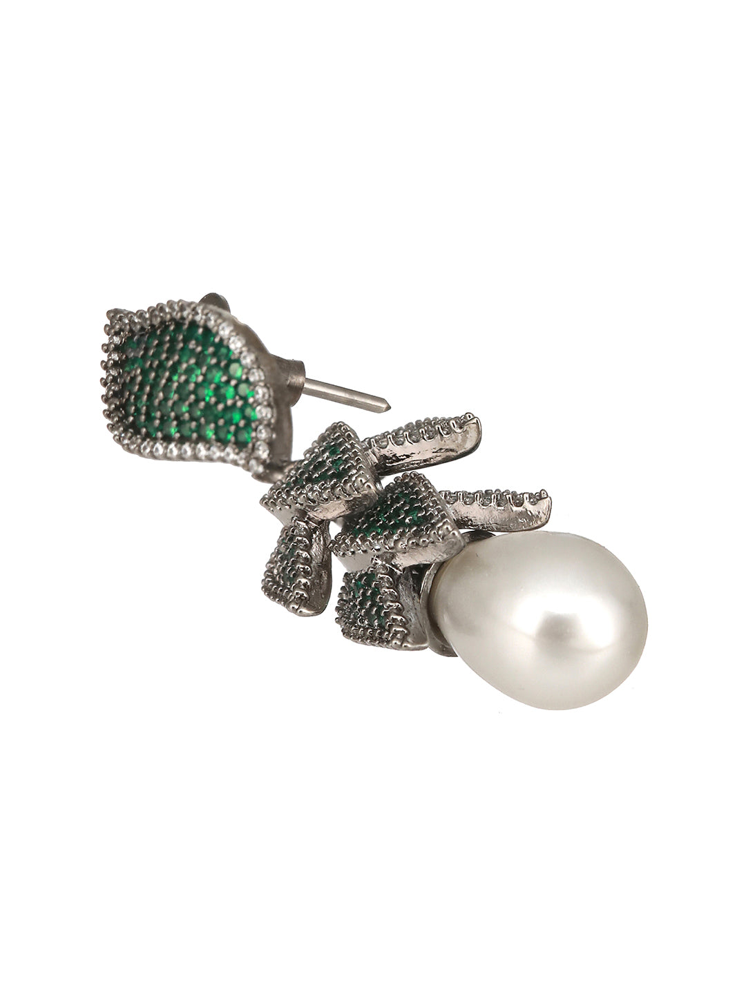 Silver Toned Green AD & Pearl Beaded Luxe Designer Drop Earring