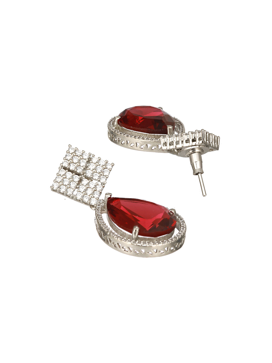 Silver Plated Red AD Studded Geometric Drop Designer Earrings