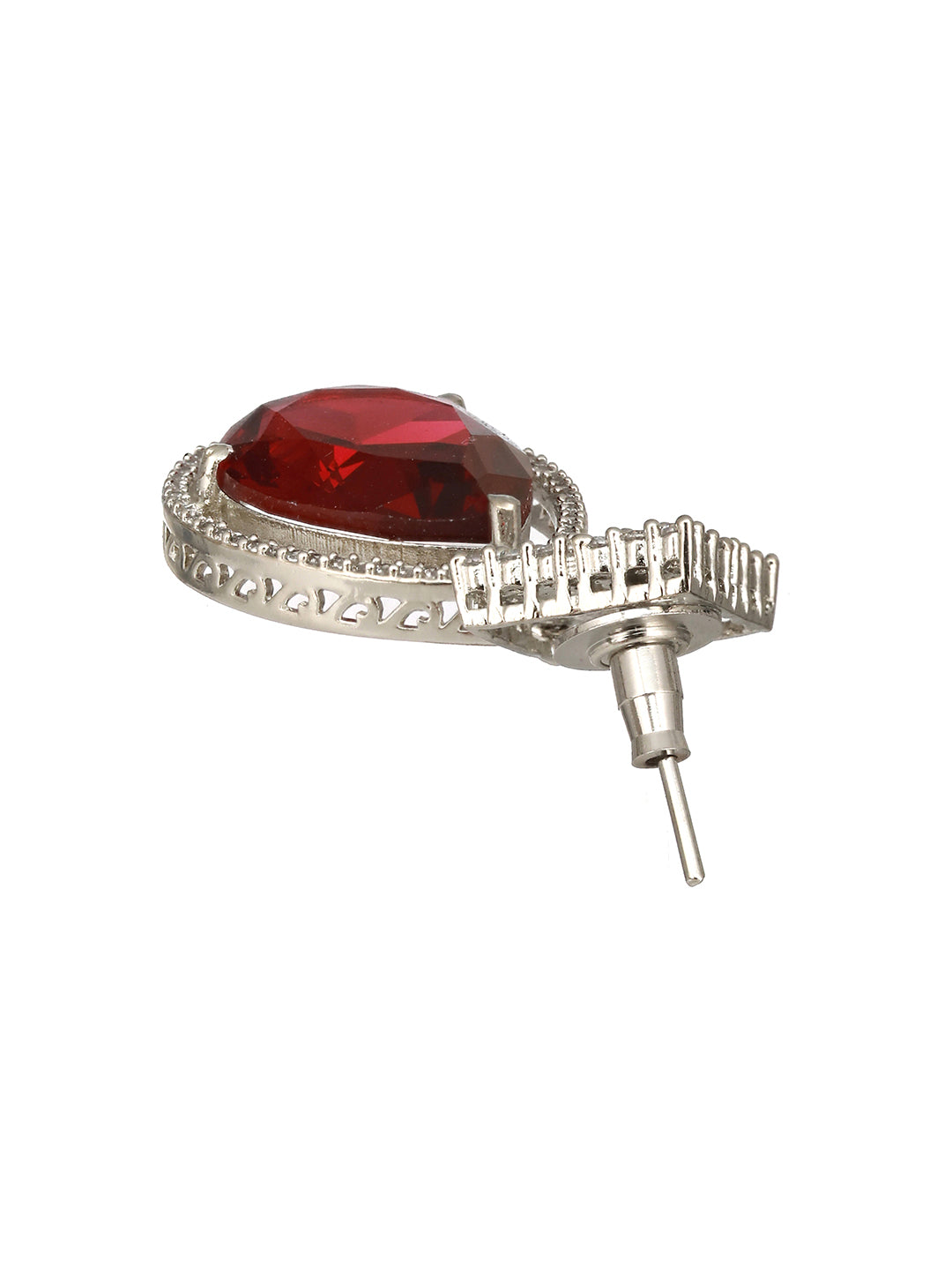 Silver Plated Red AD Studded Geometric Drop Designer Earrings