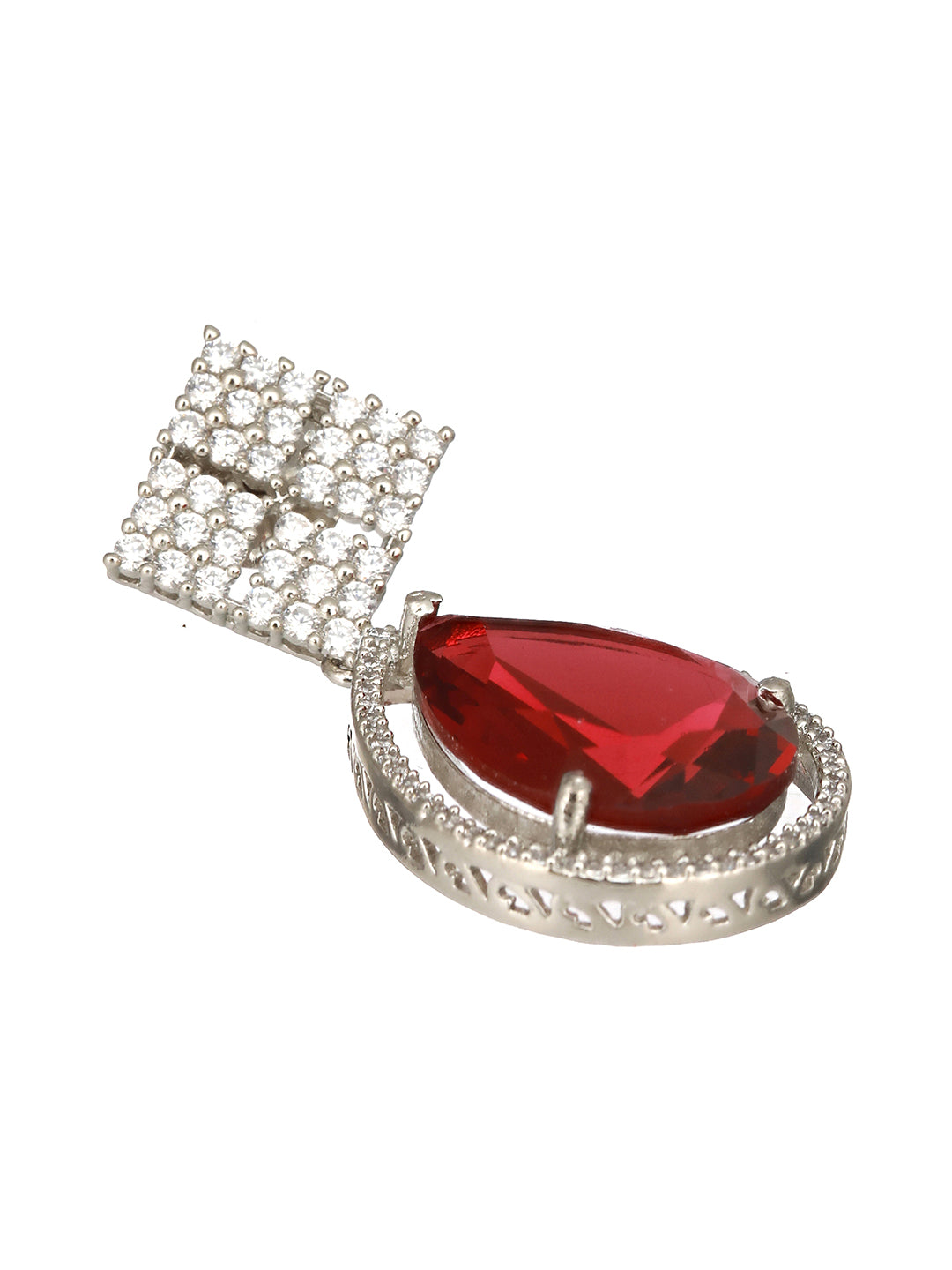 Silver Plated Red AD Studded Geometric Drop Designer Earrings
