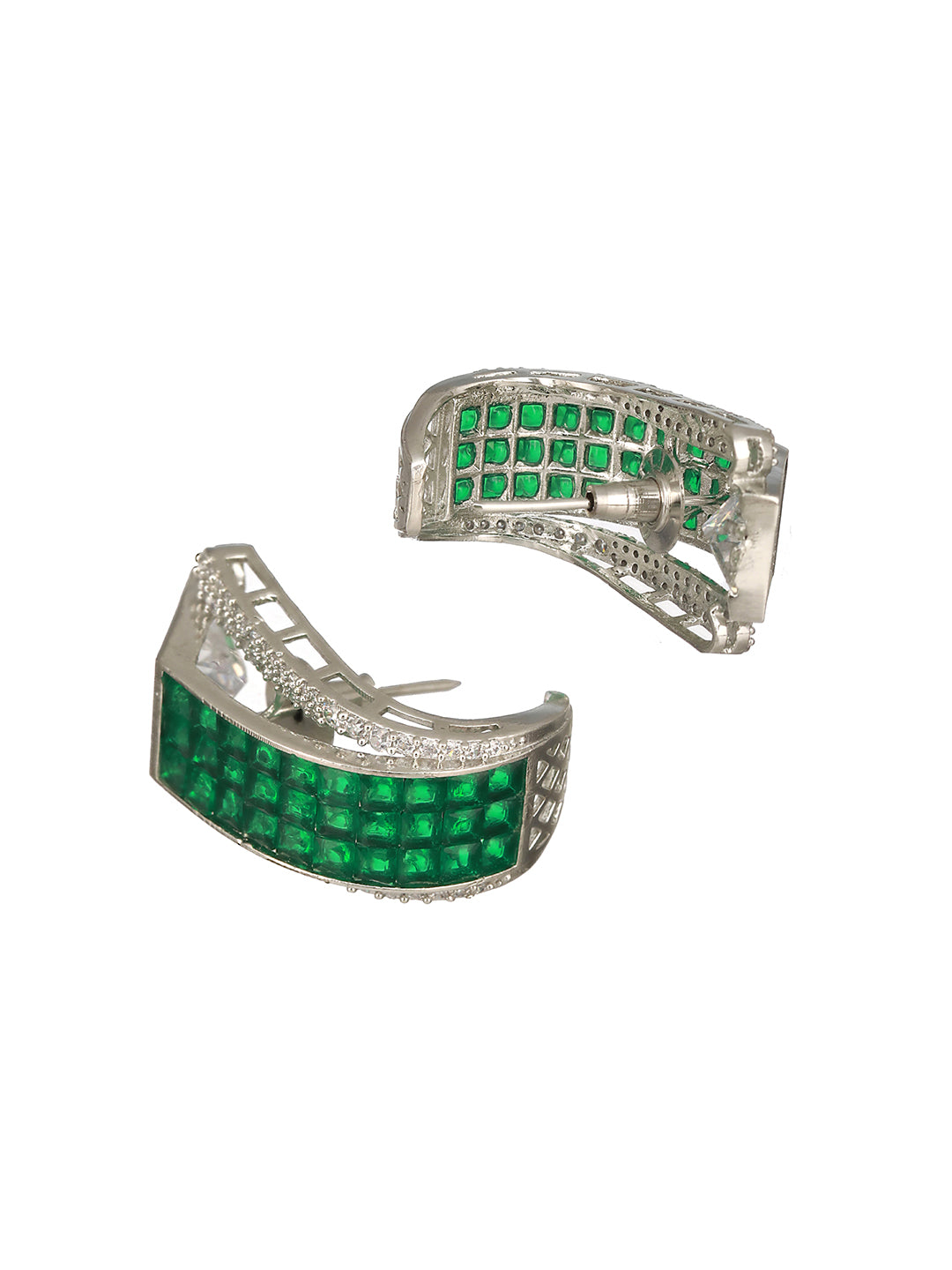 Rhodium  Green Emerald Cubic Zirconia  Luxe Hoop Studds Earring
