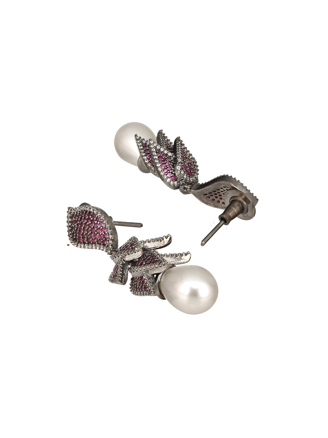 Silver Plated Red Cubic Zircon & Pearl Beaded Luxe Floral Dangler  Earring