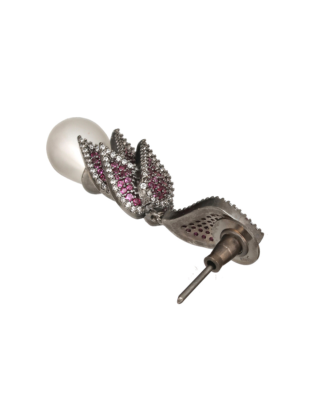 Silver Plated Red Cubic Zircon & Pearl Beaded Luxe Floral Dangler  Earring