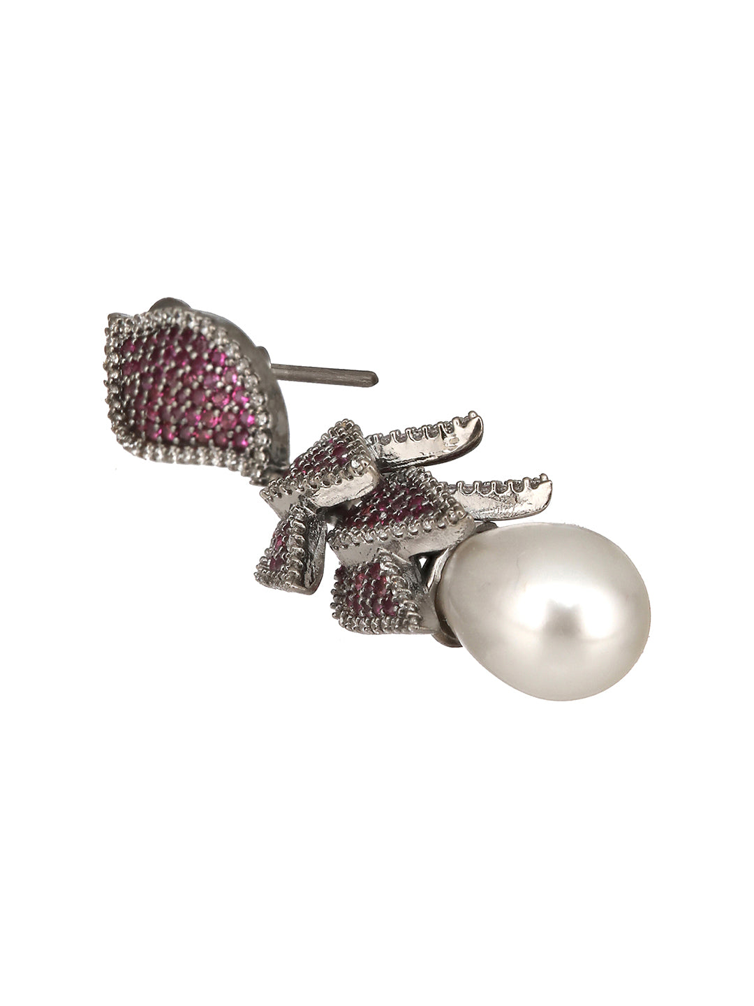 Silver Plated Red Cubic Zircon & Pearl Beaded Luxe Floral Dangler  Earring