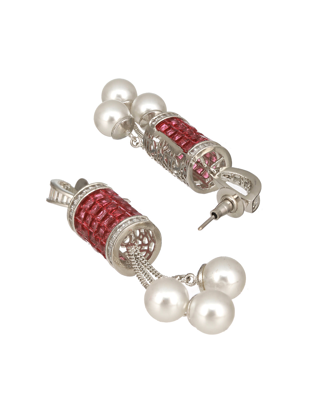 Silver Plated Red Cubic Zirconia & Pearl Beaded Designer Contemporary Dangler Earrings