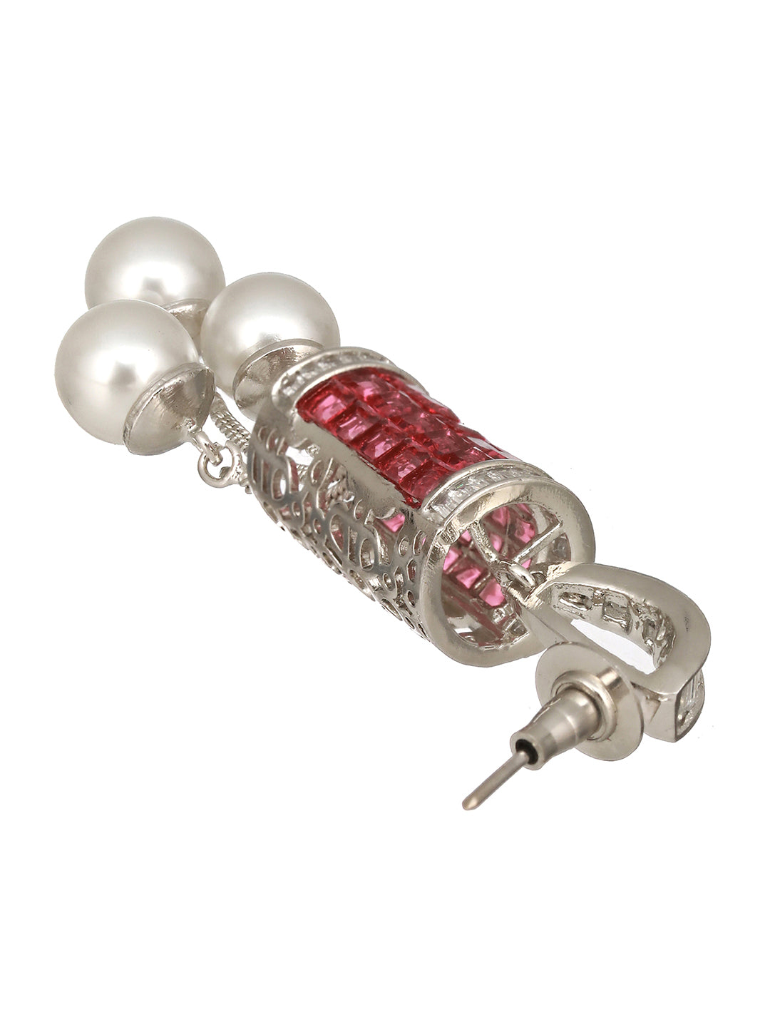 Silver Plated Red Cubic Zirconia & Pearl Beaded Designer Contemporary Dangler Earrings