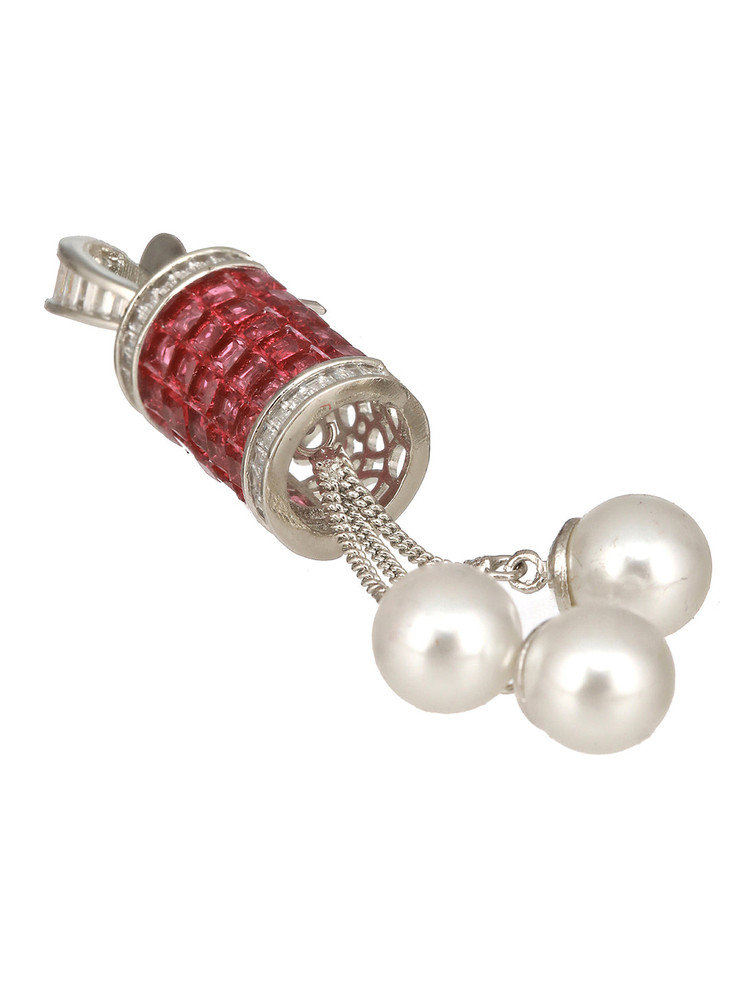 Silver Plated Red Cubic Zirconia & Pearl Beaded Designer Contemporary Dangler Earrings