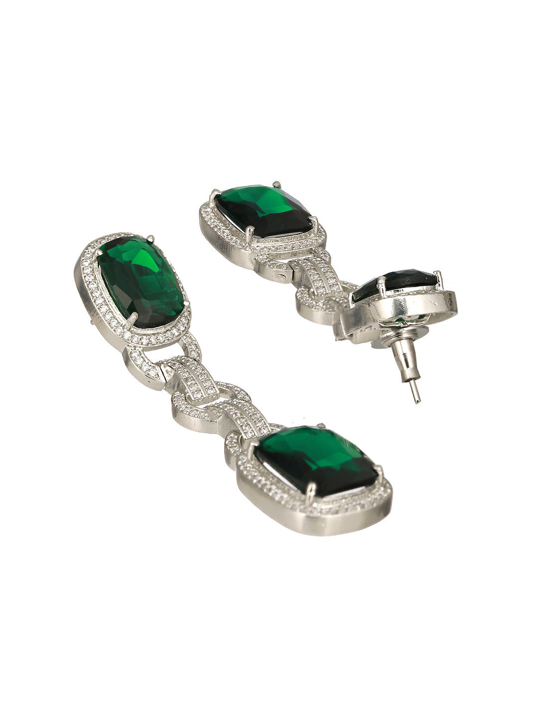 Rhodium Green Zircon Long Dangler Luxe Designer Earrings