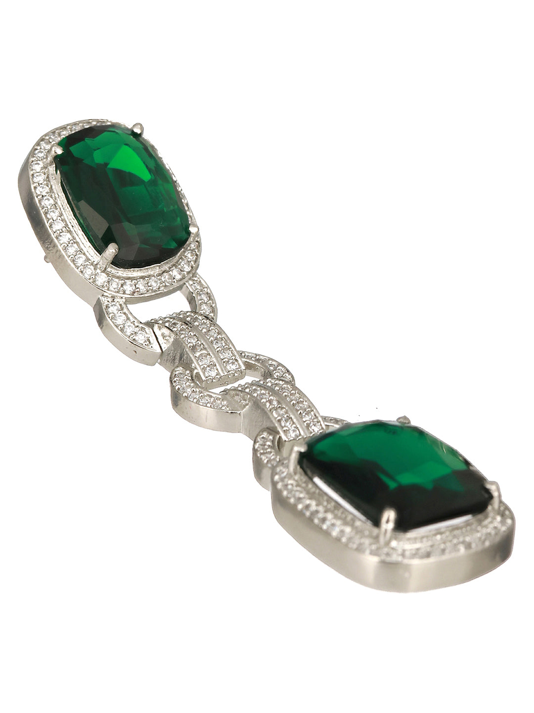 Rhodium Green Zircon Long Dangler Luxe Designer Earrings