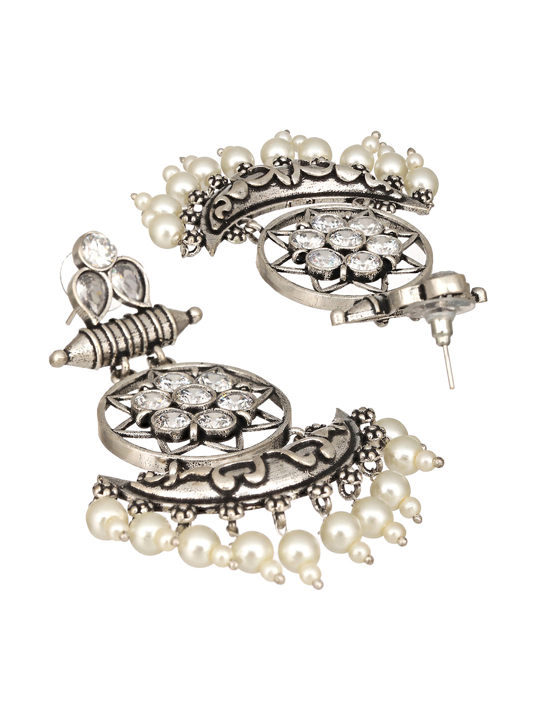 Oxidised Silver Toned AD Stone Studded Minimal Chandbali Chandelier Earrings
