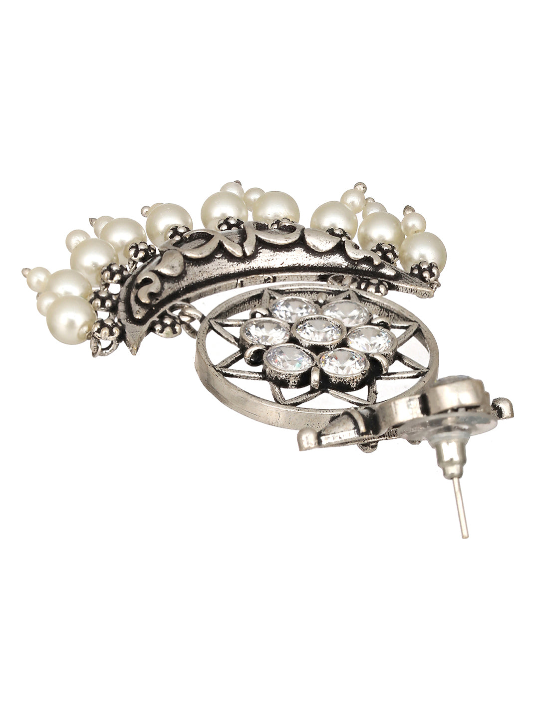 Oxidised Silver Toned AD Stone Studded Minimal Chandbali Chandelier Earrings