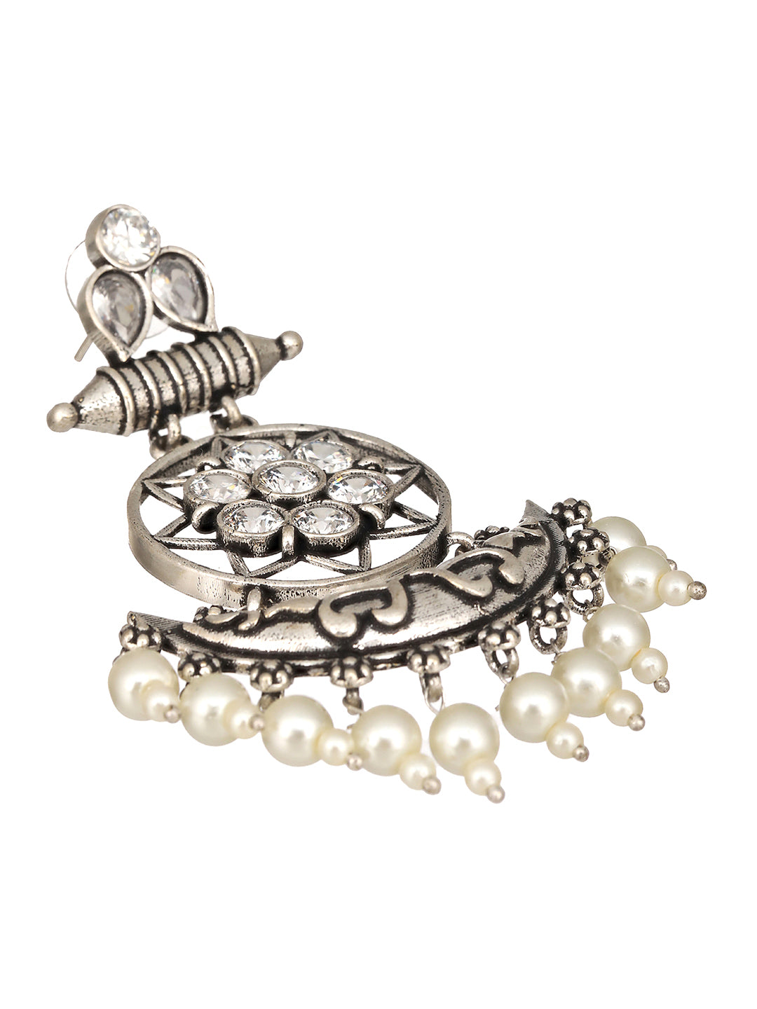 Oxidised Silver Toned AD Stone Studded Minimal Chandbali Chandelier Earrings