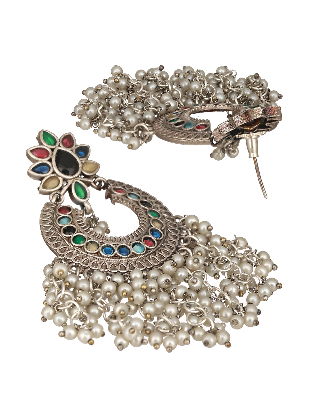 Oxidised Silver Plated Nav Ratan Stoned & Pearl Beaded Chanbali Chandelier Earrings