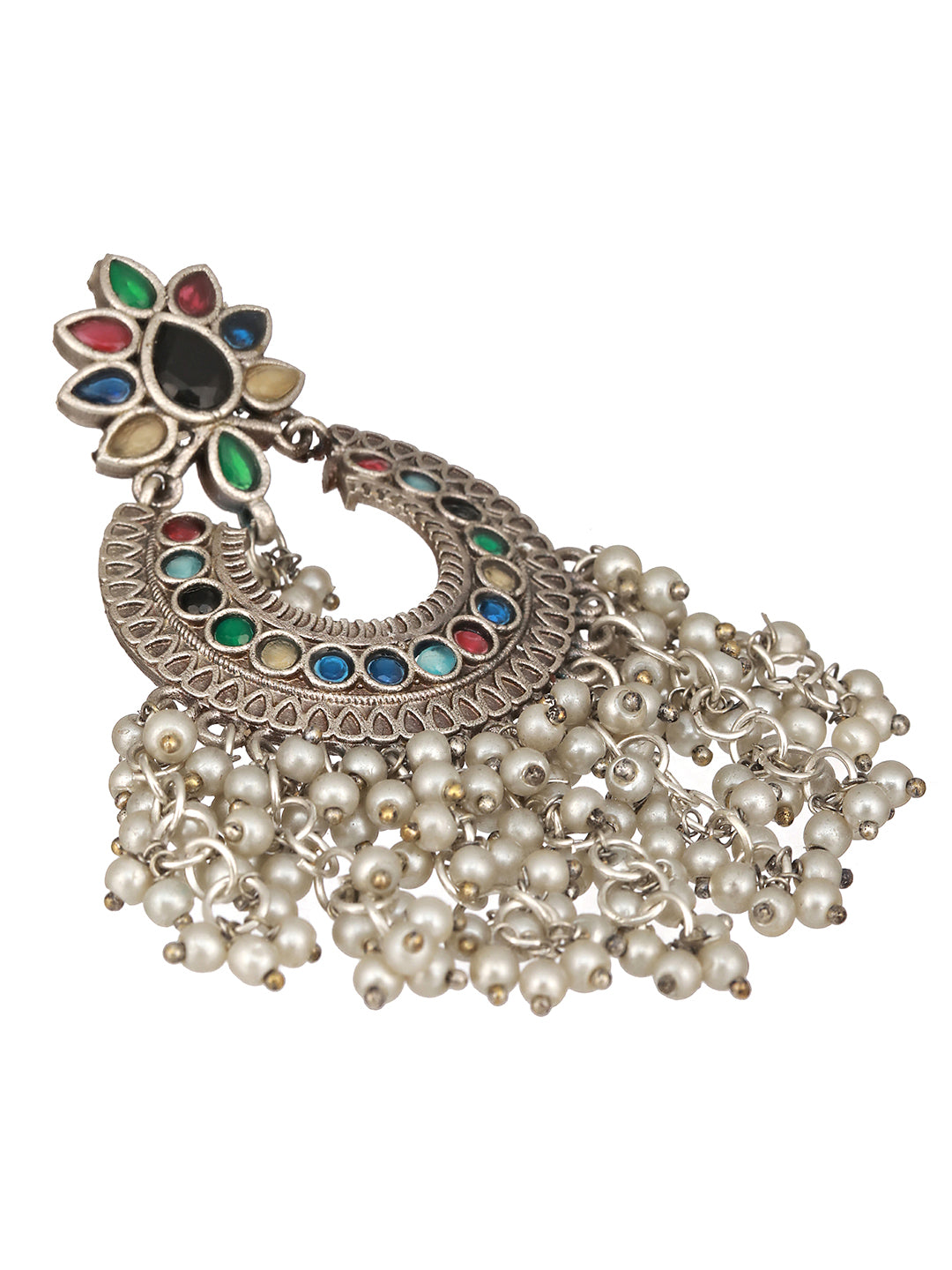 Oxidised Silver Plated Nav Ratan Stoned & Pearl Beaded Chanbali Chandelier Earrings