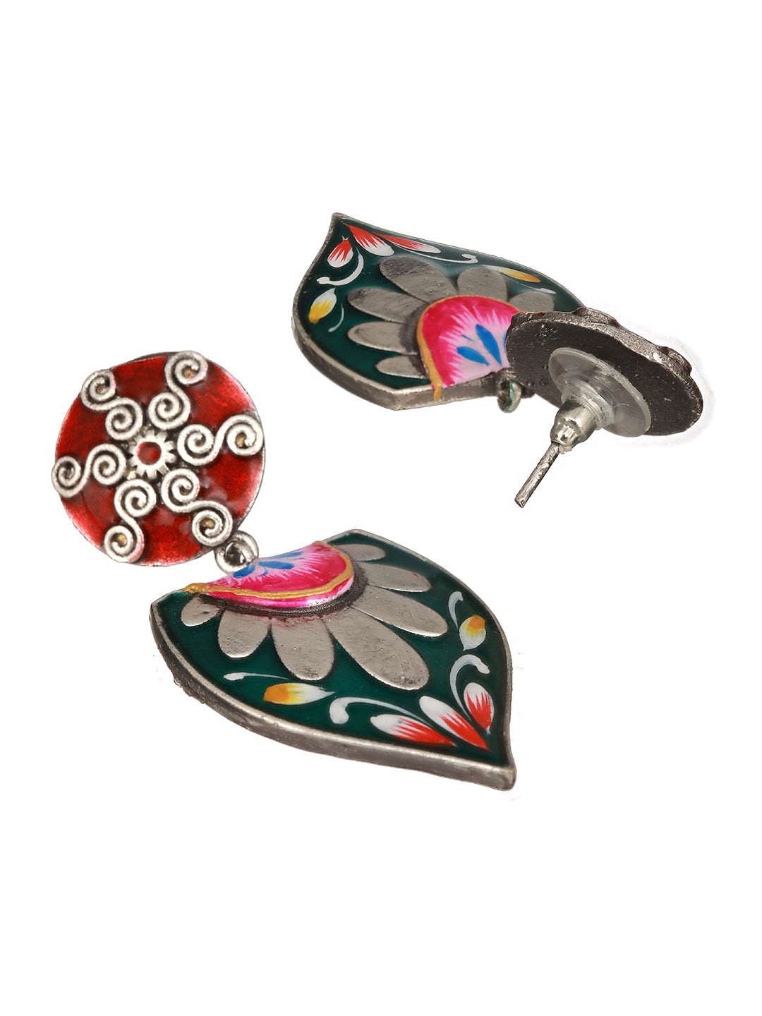 Oxidised Silver Toned Red & Green Handpainted Chandelier Minimal Earring