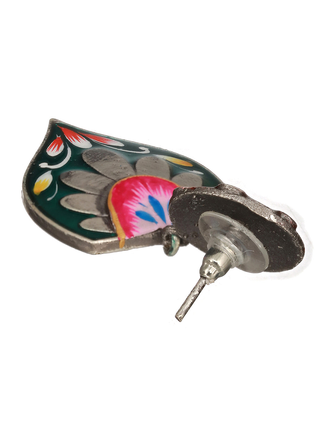 Oxidised Silver Toned Red & Green Handpainted Chandelier Minimal Earring