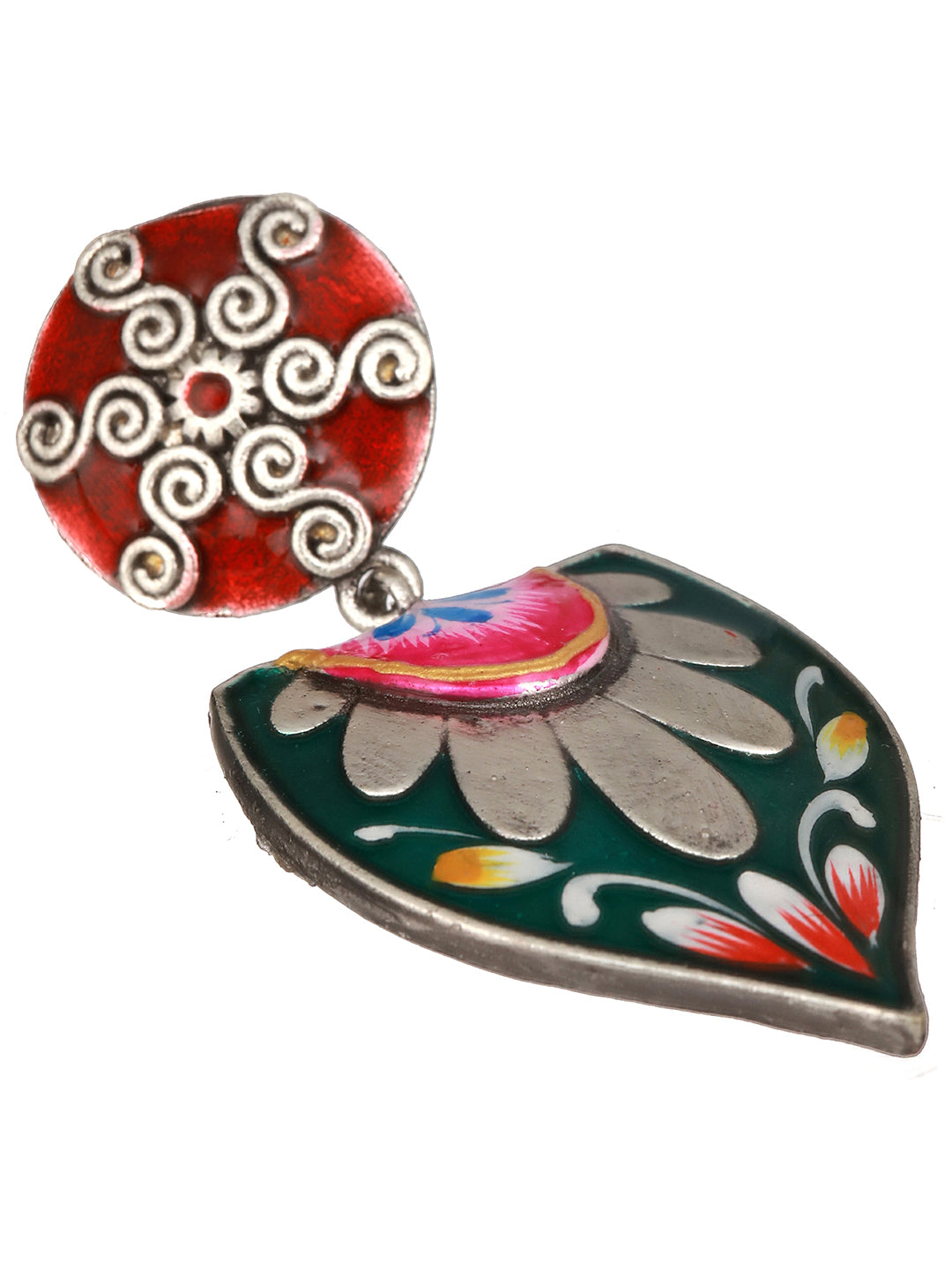 Oxidised Silver Toned Red & Green Handpainted Chandelier Minimal Earring