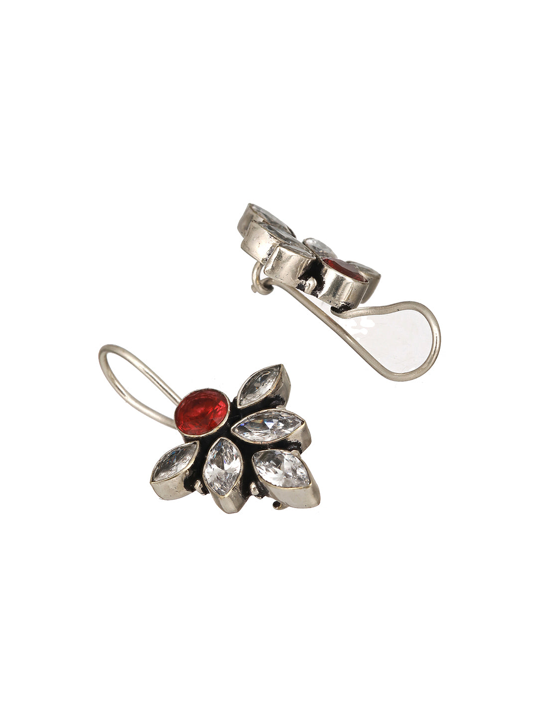 Oxidised Silver Toned Red Garnet Minimal Officewear Fish Hook Earrings