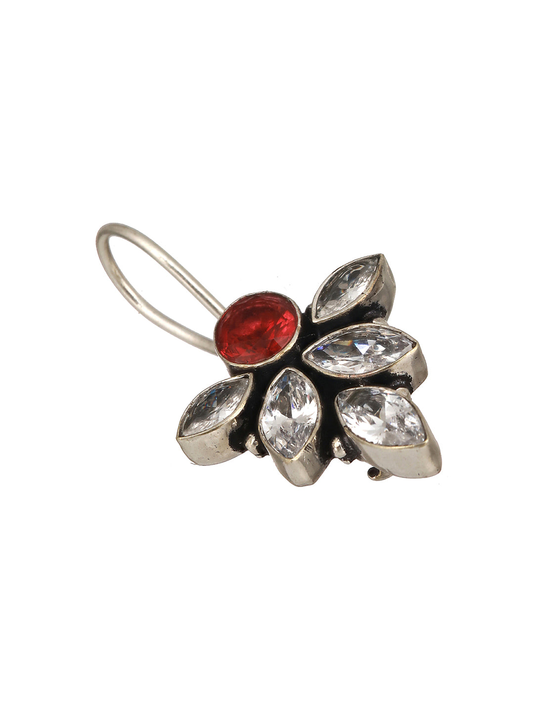 Oxidised Silver Toned Red Garnet Minimal Officewear Fish Hook Earrings