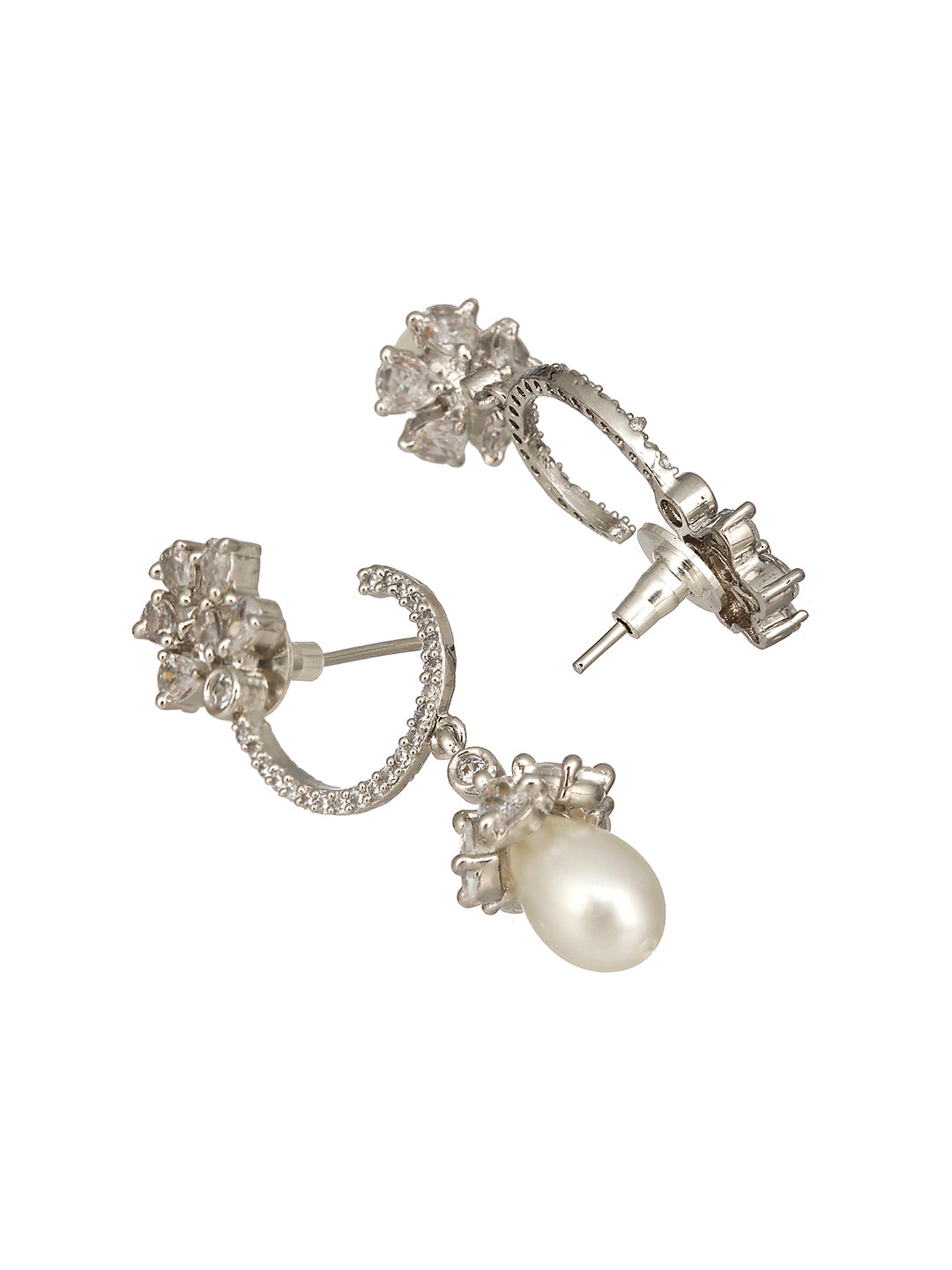 Rhodium Plated Pearl Beaded AD studed Earrings