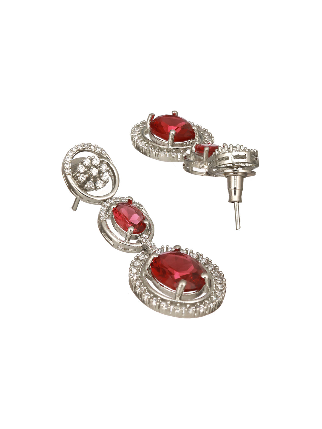 Rhodium Red Ruby Zircon Studded Delicate Contemporary Necklace Jewellery Set