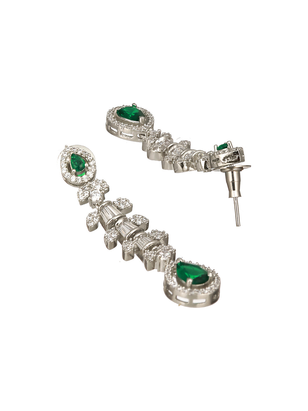 Rhodium Green Emerald Bagatte Zircon Studded Occasionwear Pendant Jewellery  Set