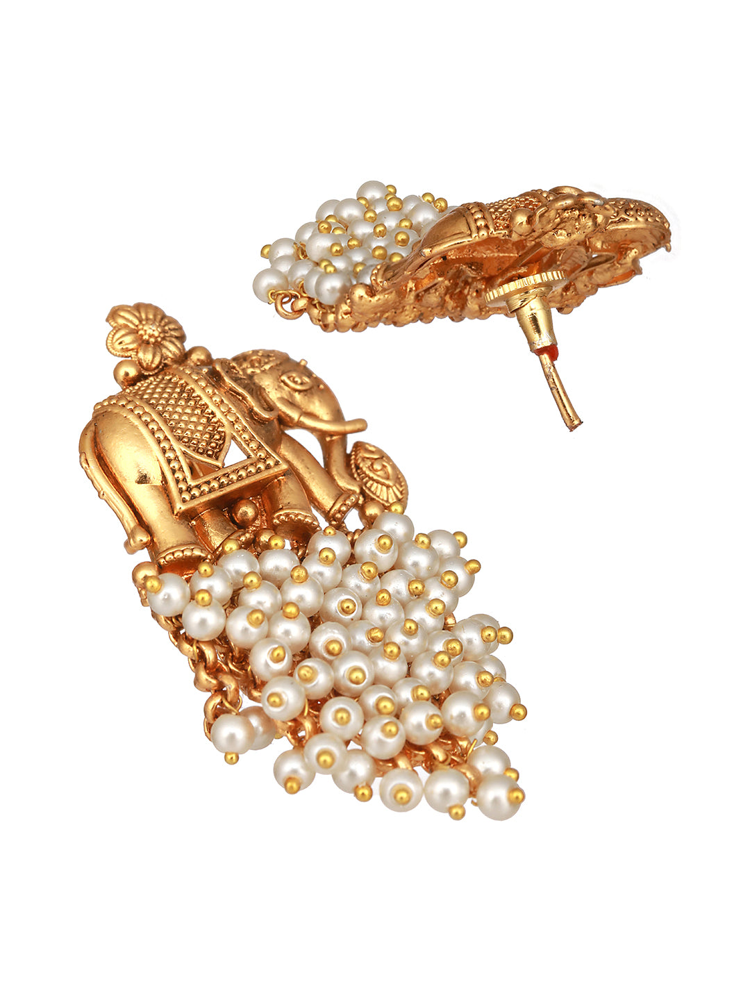 Gold Plated Elephant Motif Pearl Beaded Designer Earrings  Necklace Jewellery Set