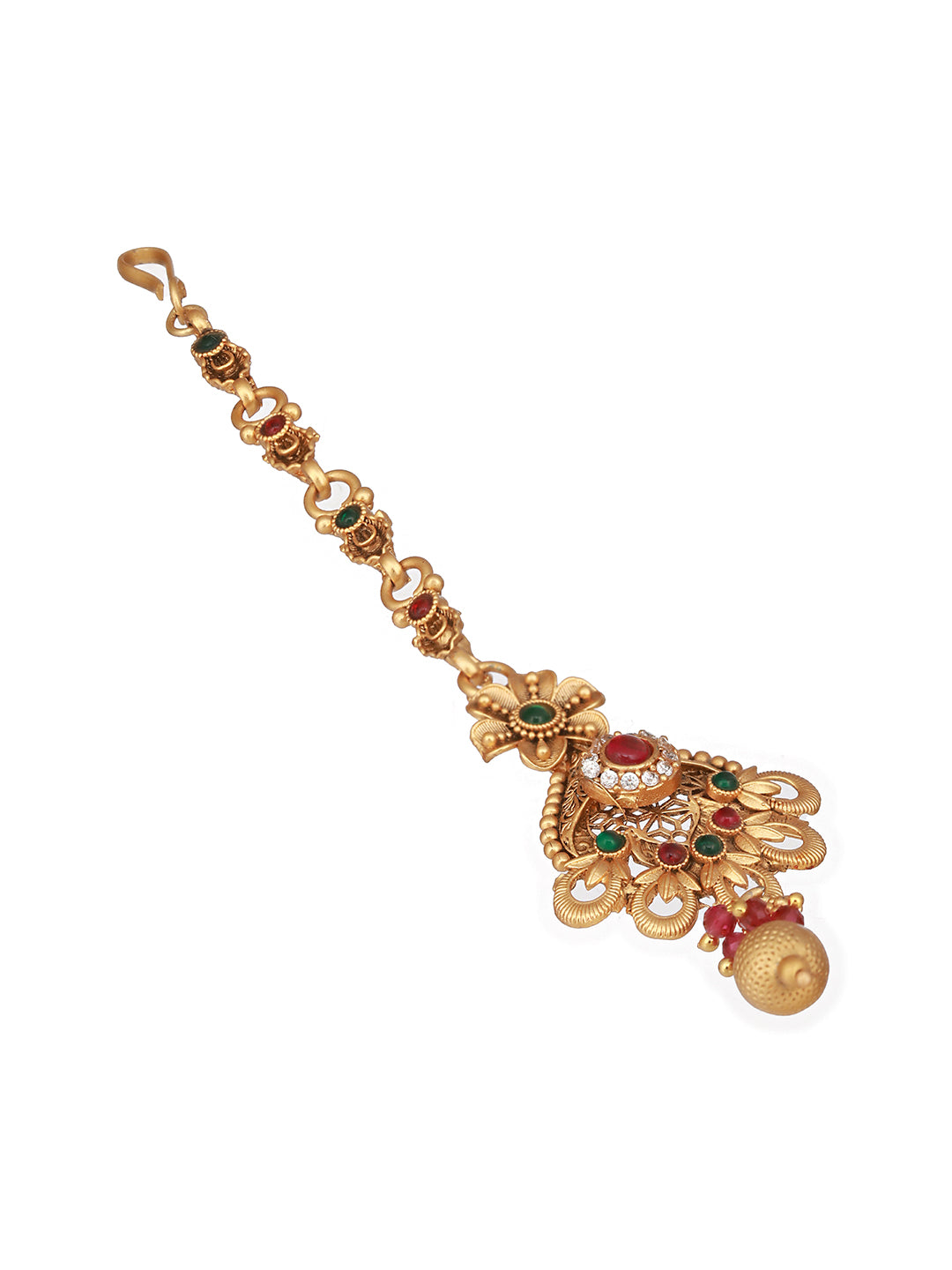 Gold Plated Red & Green Stones Delicate Floral Mangtika