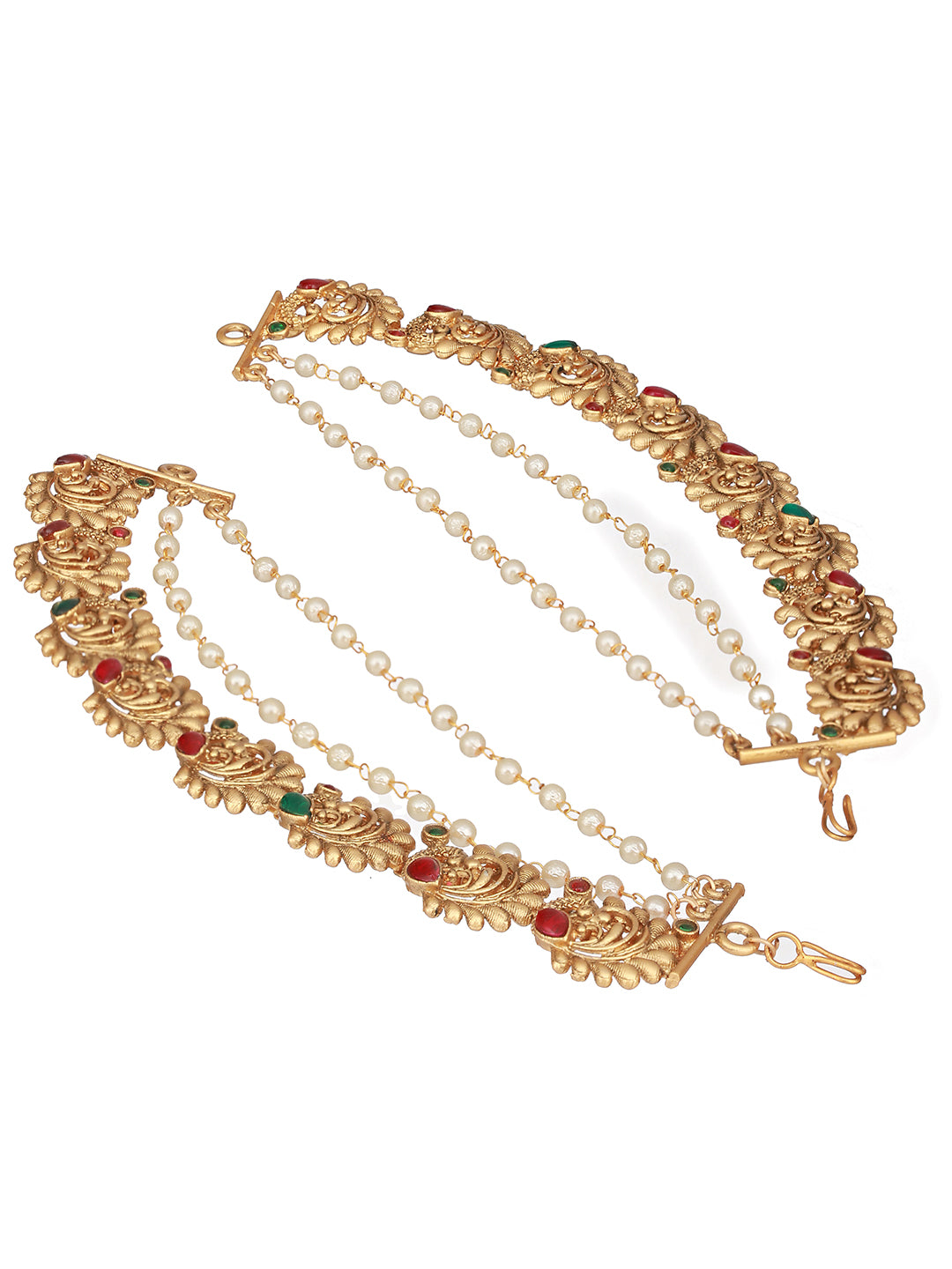 Gold Plated Multi Strand Layered Pearl Beaded Peacock Design Matil Ear Chain Earrings